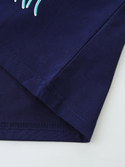 Navy cotton t-shirt with double-stitched hem and side seam detail.