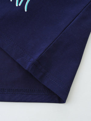 Navy cotton t-shirt with double-stitched hem and side seam detail.