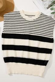 Textured stripe knit sleeveless top in black and cream with a crew neck.
