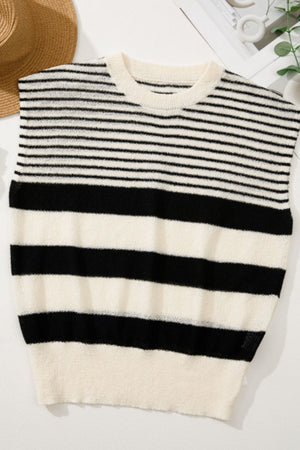 Textured stripe knit sleeveless top in black and cream with a crew neck.