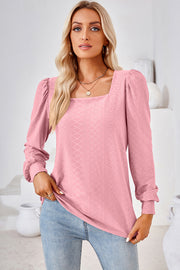 Blush pink diamond-textured puff sleeve square neck blouse
