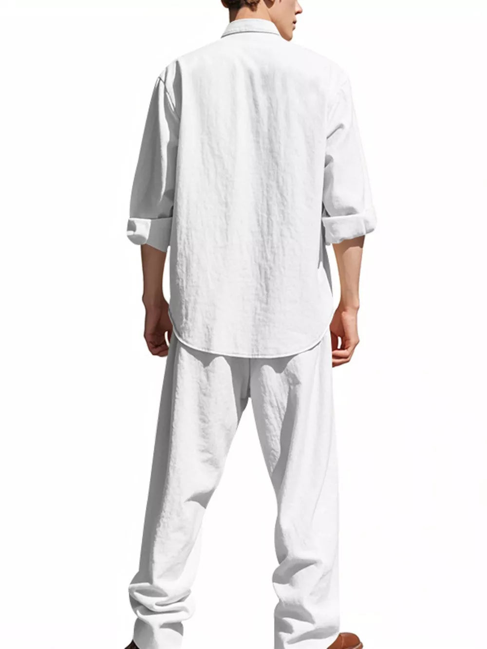 Men's white linen blend casual two-piece set with rolled sleeves and wide-leg pants.