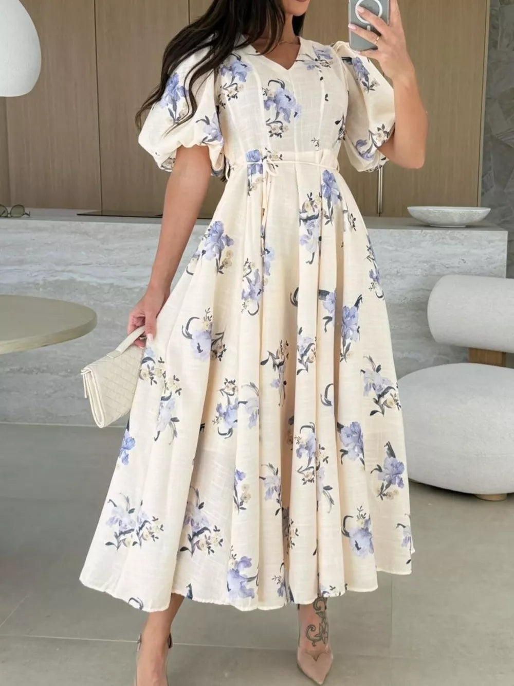 V-neck Midi Dress in Tan, front view
