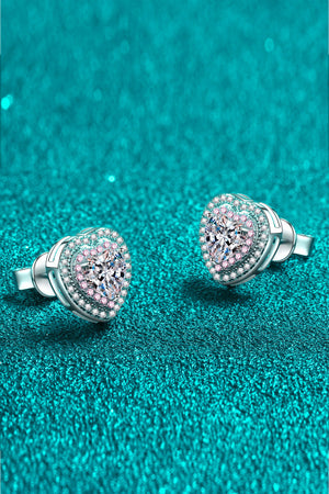 Silver heart halo stud earrings with pink accents and clear center stone