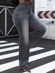 High-waist straight leg jeans in dark gray denim with a relaxed fit.
