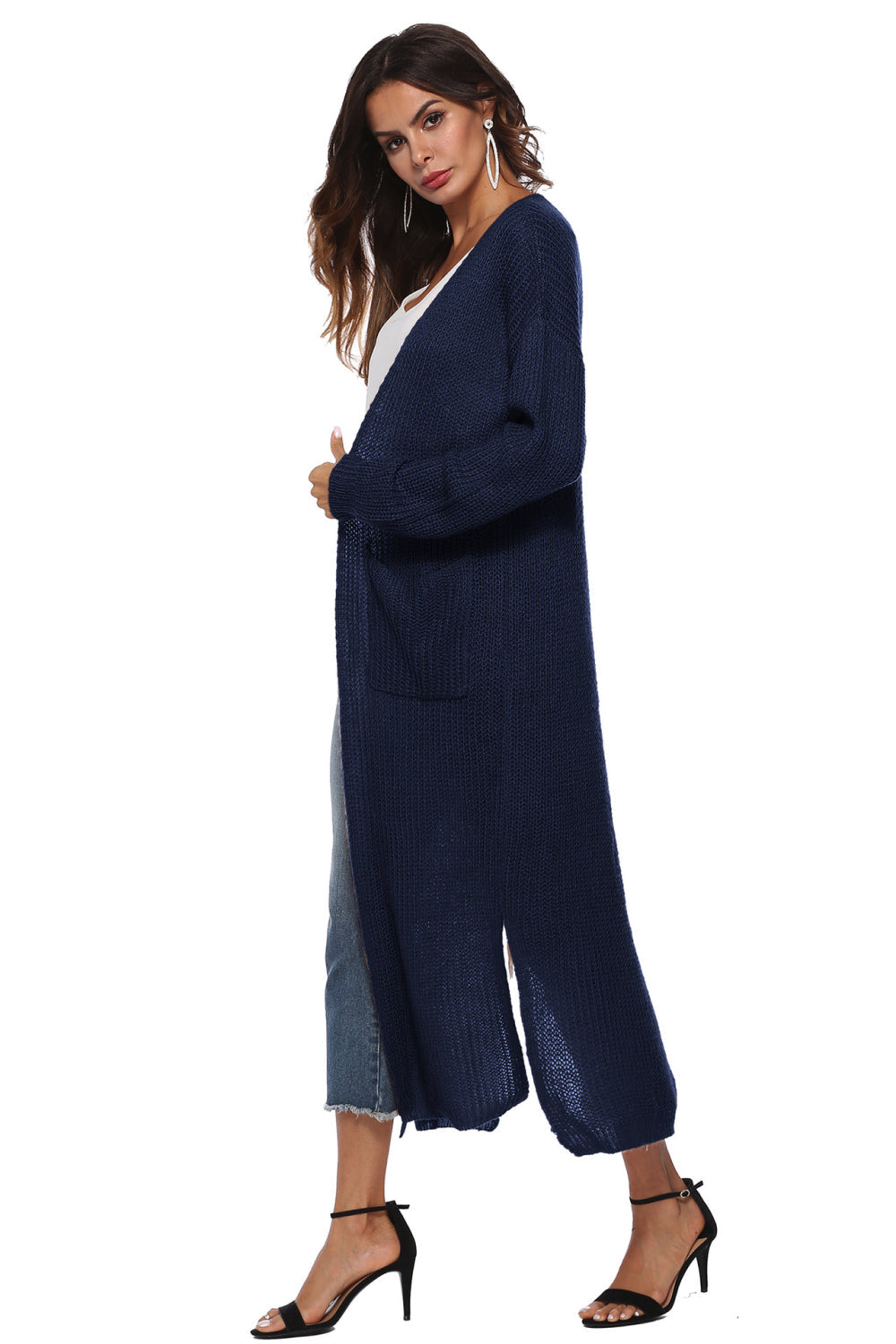 Longline dark blue knit cardigan with side slits and pockets