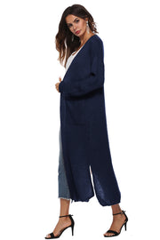 Longline dark blue knit cardigan with side slits and pockets