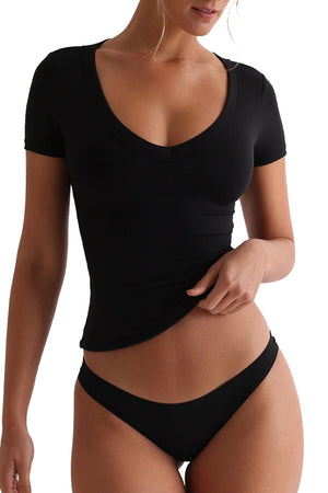 Black V-neck second-skin tee with short sleeves, form-fitting.