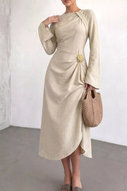 Ruched Long Sleeve Midi Dress in Beige, front view