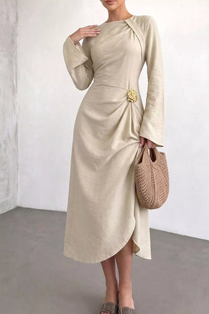 Ruched Long Sleeve Midi Dress in Beige, front view