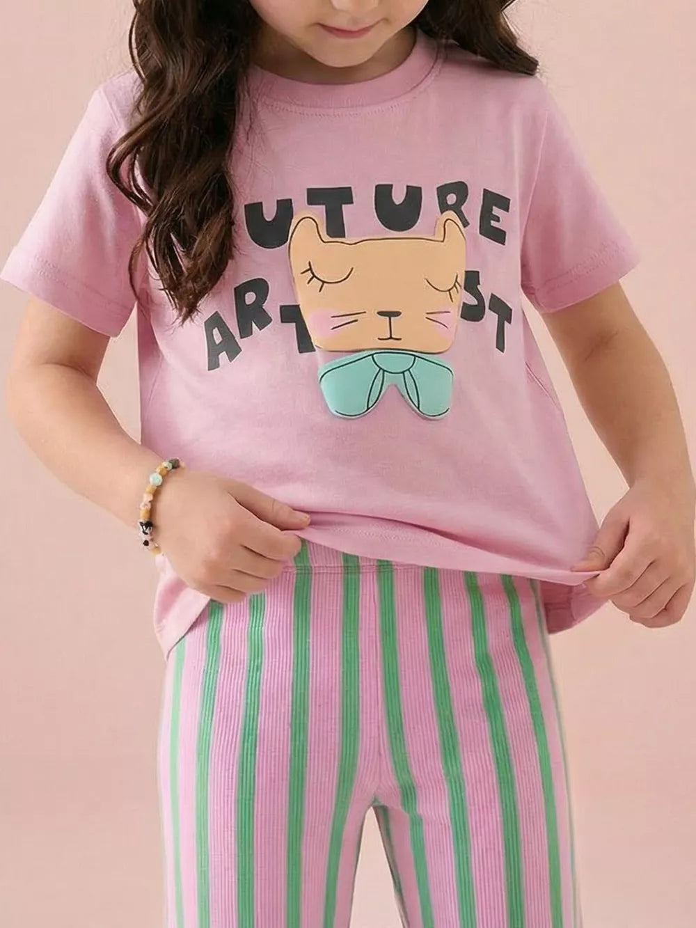 Children's Cat Graphic Round Neck T-shirt, front view