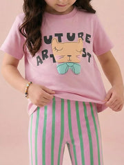 Children's Cat Graphic Round Neck T-shirt, front view