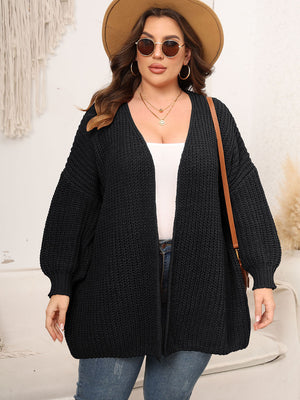 Black chunky knit cardigan with balloon sleeves and V-neck