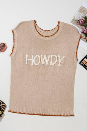 Howdy textured knit sweater vest in beige with brown trim and white rope lettering.