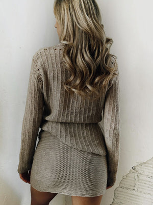 Mocha open knit collared cardigan with ribbed texture and button details.