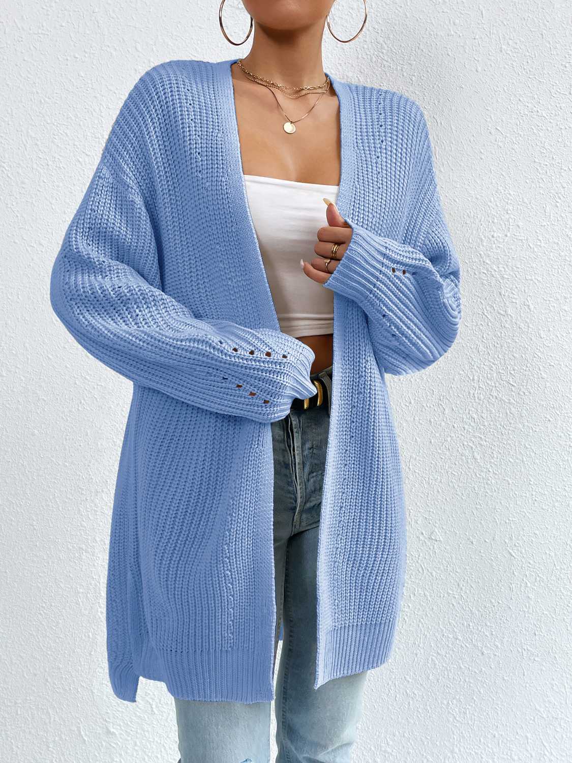Longline Misty Blue knit open cardigan with distressed sleeve details.