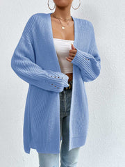 Longline Misty Blue knit open cardigan with distressed sleeve details.