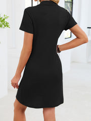 Black waffle knit polo collar short sleeve above knee dress