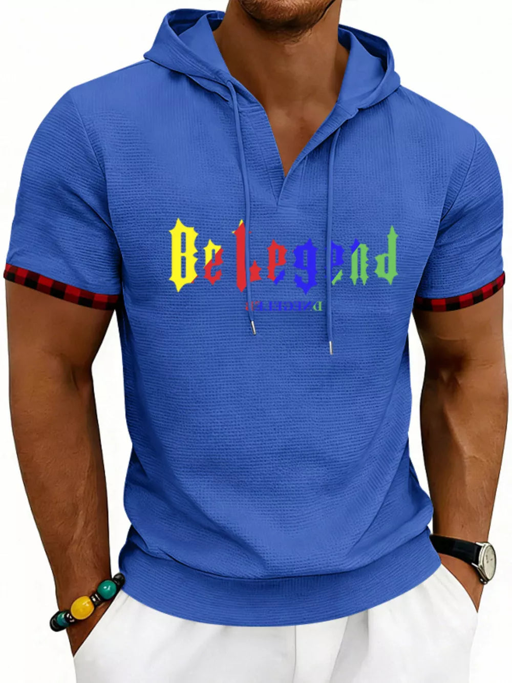 Men's Full Size Letter Graphic Short Sleeve Hooded Top in Royal Blue, editorial view