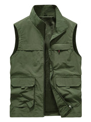 Army green utility vest for men with multiple pockets and a stand-up collar.