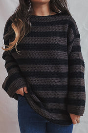 Chunky stripe boat neck knit sweater in black and khaki acrylic with a relaxed fit.