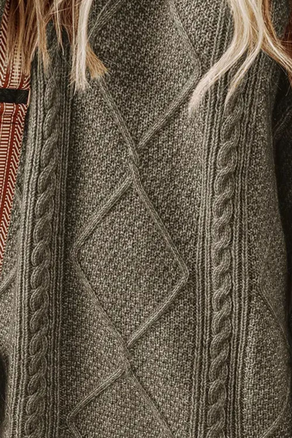 Sage cable knit sweater dress with diamond pattern and braided details.