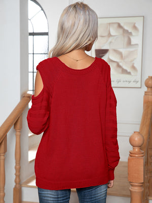 Deep Red cable knit cold-shoulder sweater with button detail, acrylic.