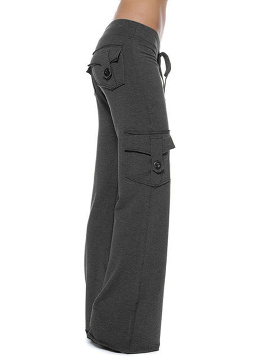 Heather gray cargo-inspired wide-leg drawstring trousers with button flap pockets.