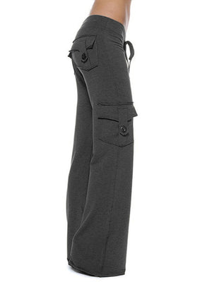 Heather gray cargo-inspired wide-leg drawstring trousers with button flap pockets.