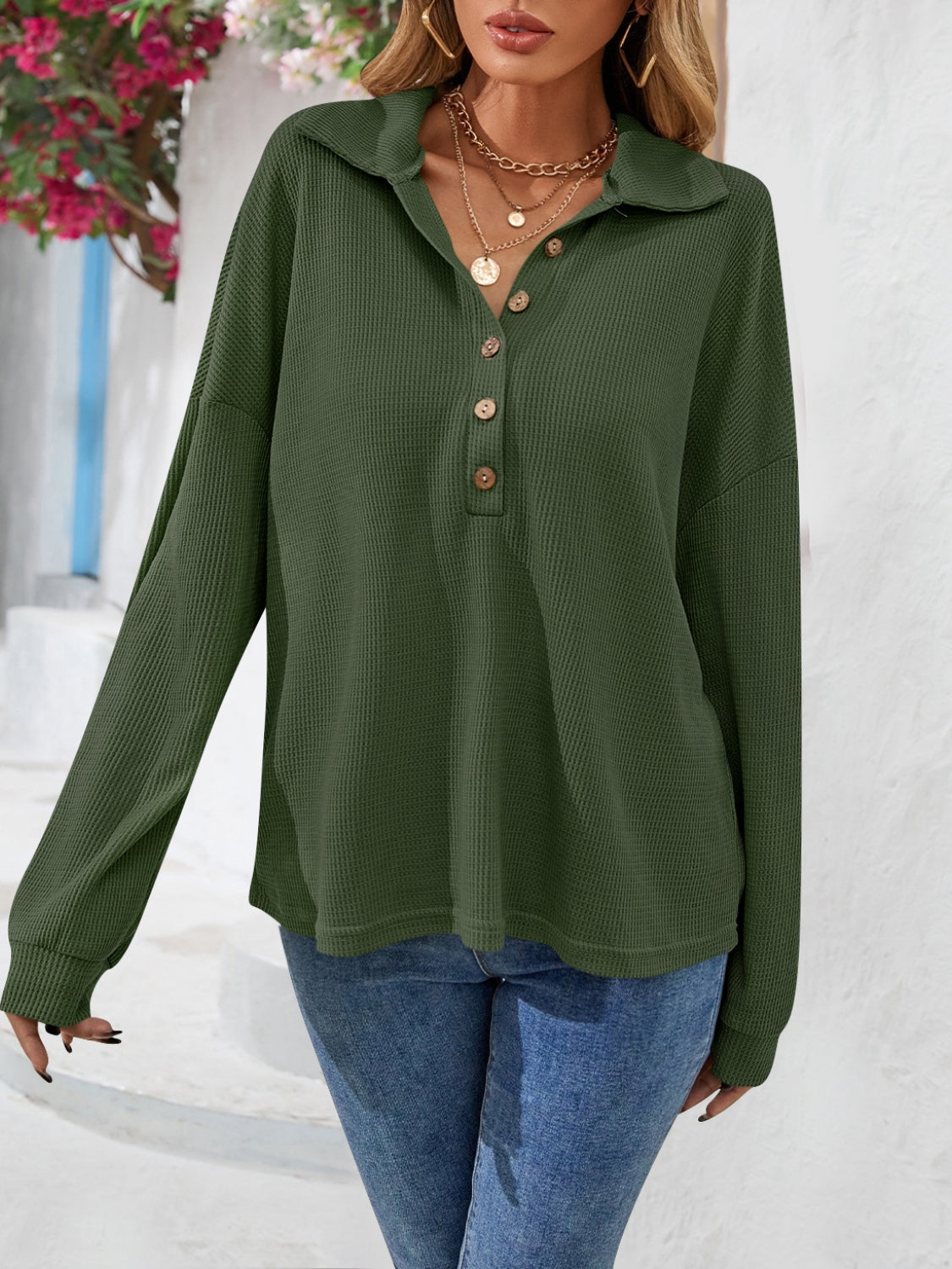 Army green waffle knit henley blouse with button detail and collar