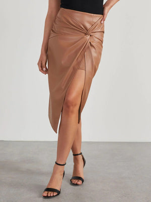 Tan faux leather midi skirt with knot detail and high slit
