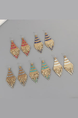 Geometric beaded fringe earrings with gold accents and red, blue, turquoise, or white beads.