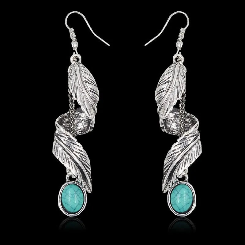 Silver feather cascade drop earrings with turquoise oval stone