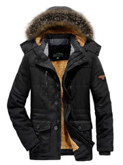 Men's black puffer coat with faux fur hood, sherpa lining, and button-down pockets.