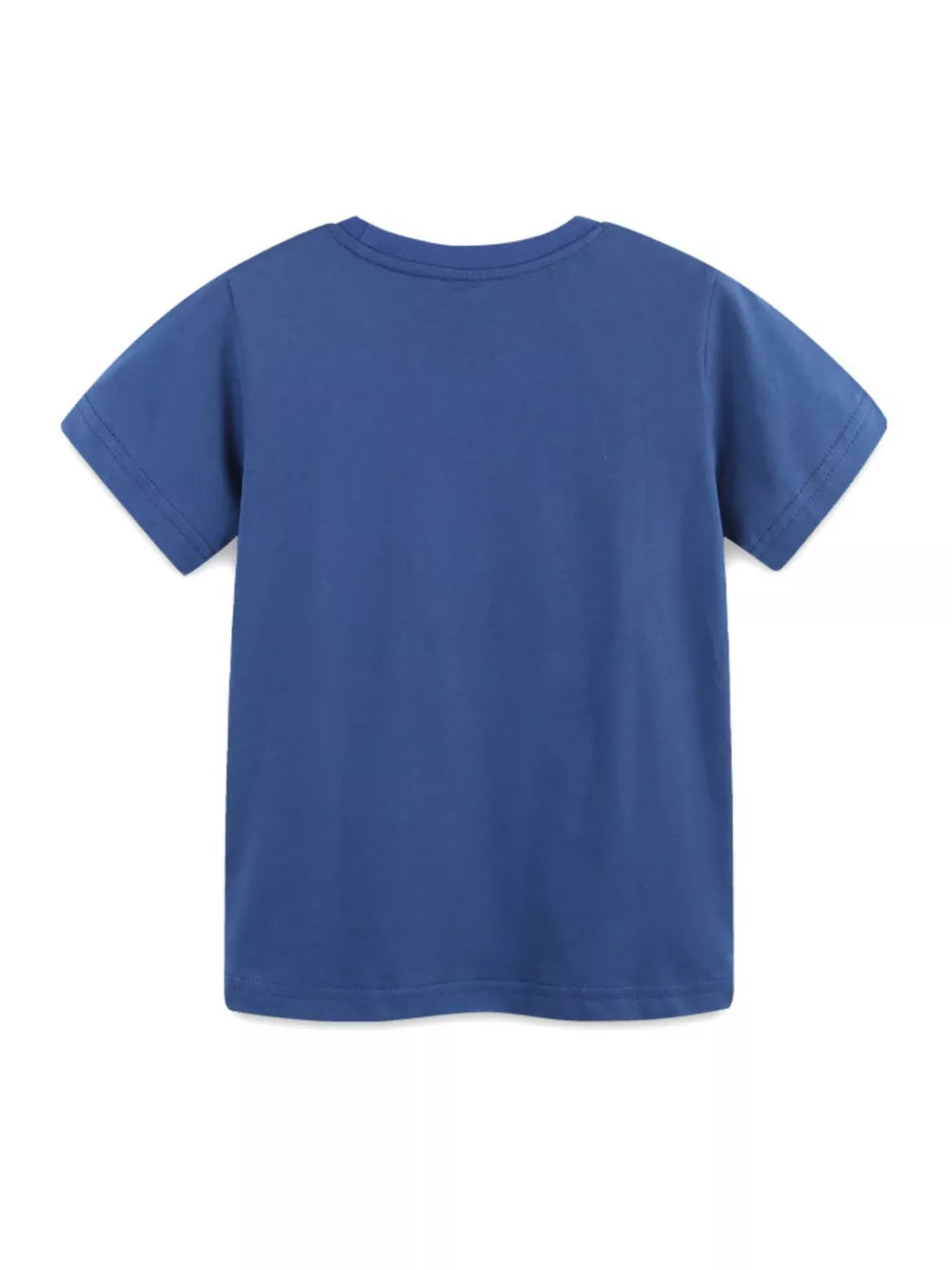 Blue cotton crew neck t-shirt with short sleeves.
