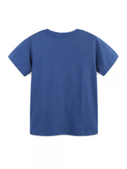 Blue cotton crew neck t-shirt with short sleeves.
