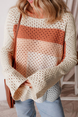 Beige ombre crochet sweater with open knit panels and bell sleeves.