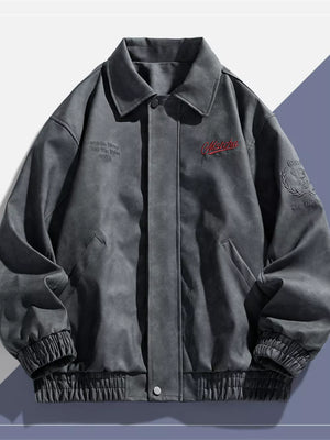 Gray embroidered casual coat with elastic cuffs and classic collar.