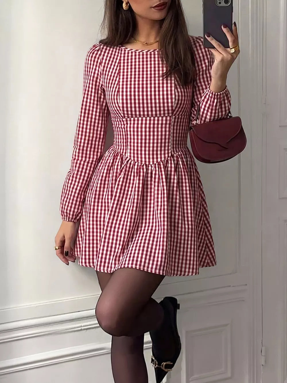 Backless Plaid Long Sleeve Mini Dress, model styling view