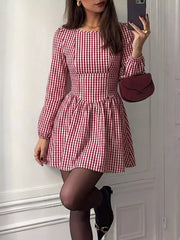 Backless Plaid Long Sleeve Mini Dress, model styling view