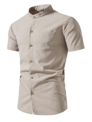 Men's beige cotton band collar button-up shirt with short sleeves and chest pocket.