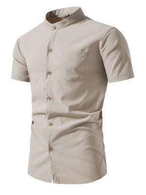 Men's beige cotton band collar button-up shirt with short sleeves and chest pocket.