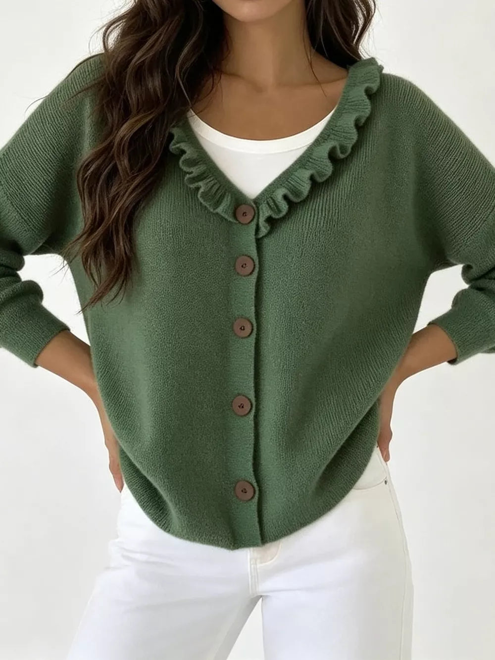 Ruffled Neckline Button-up Cardigan in White, view 16