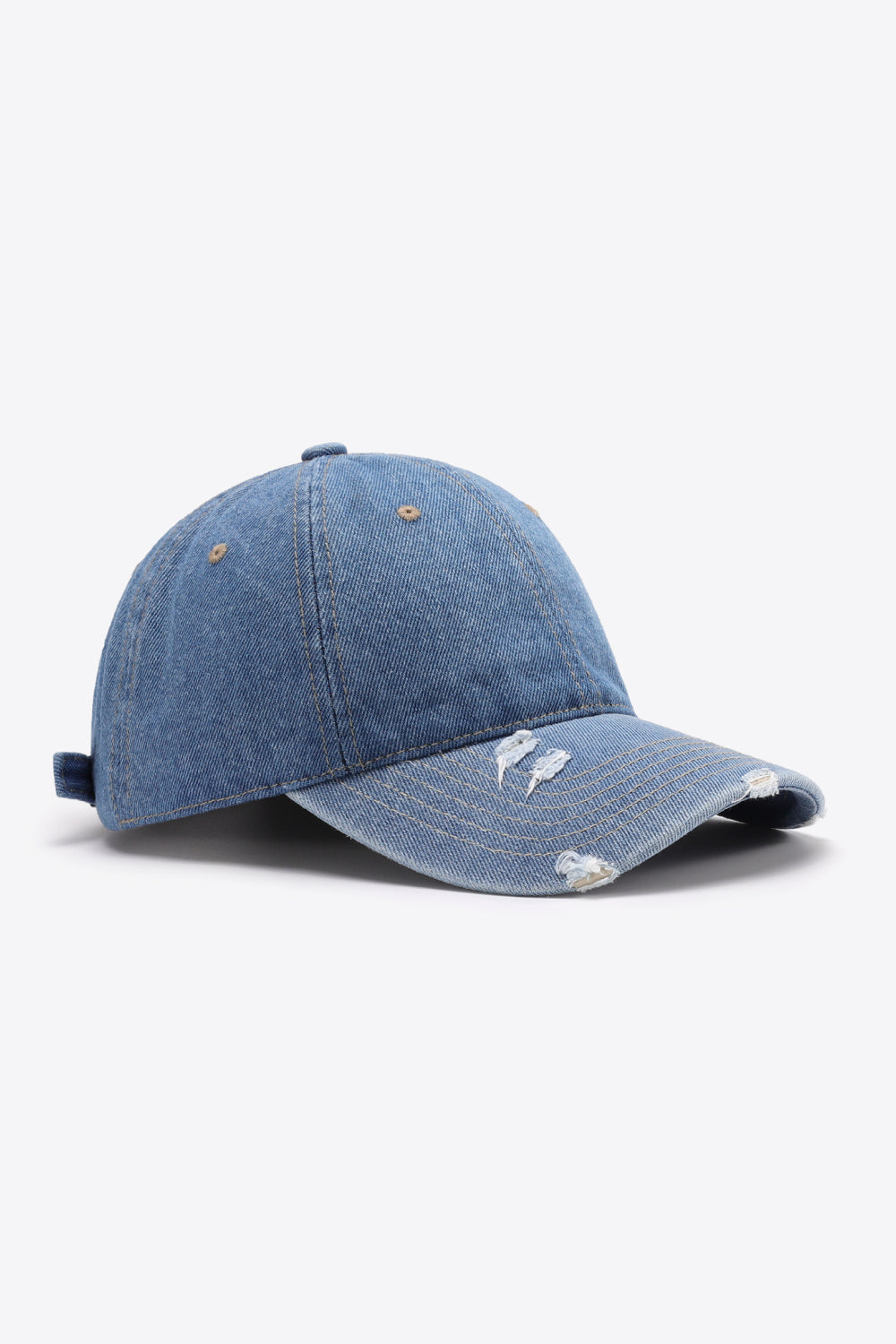 Denim baseball cap with distressed details and adjustable strap