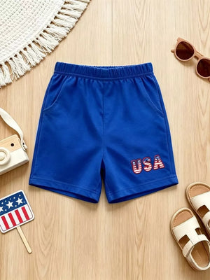 Blue baby shorts with USA flag embroidery and elastic waistband.