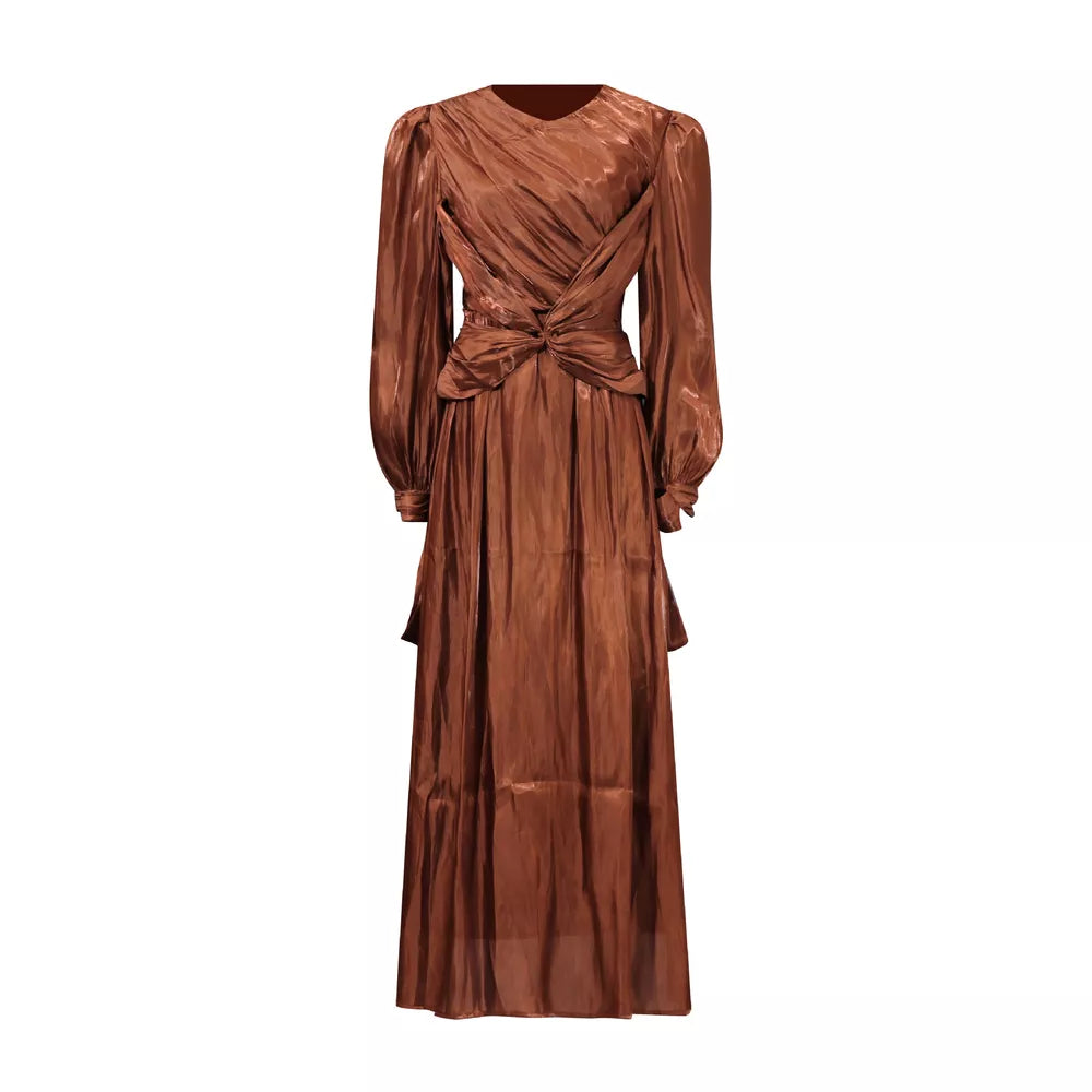 Brown twisted draped maxi dress with ruched bodice and long sleeves