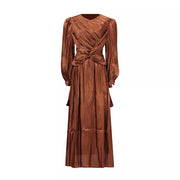 Brown twisted draped maxi dress with ruched bodice and long sleeves