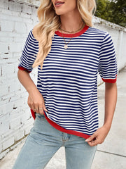 Nautical striped knit tee with red trim and crew neck.
