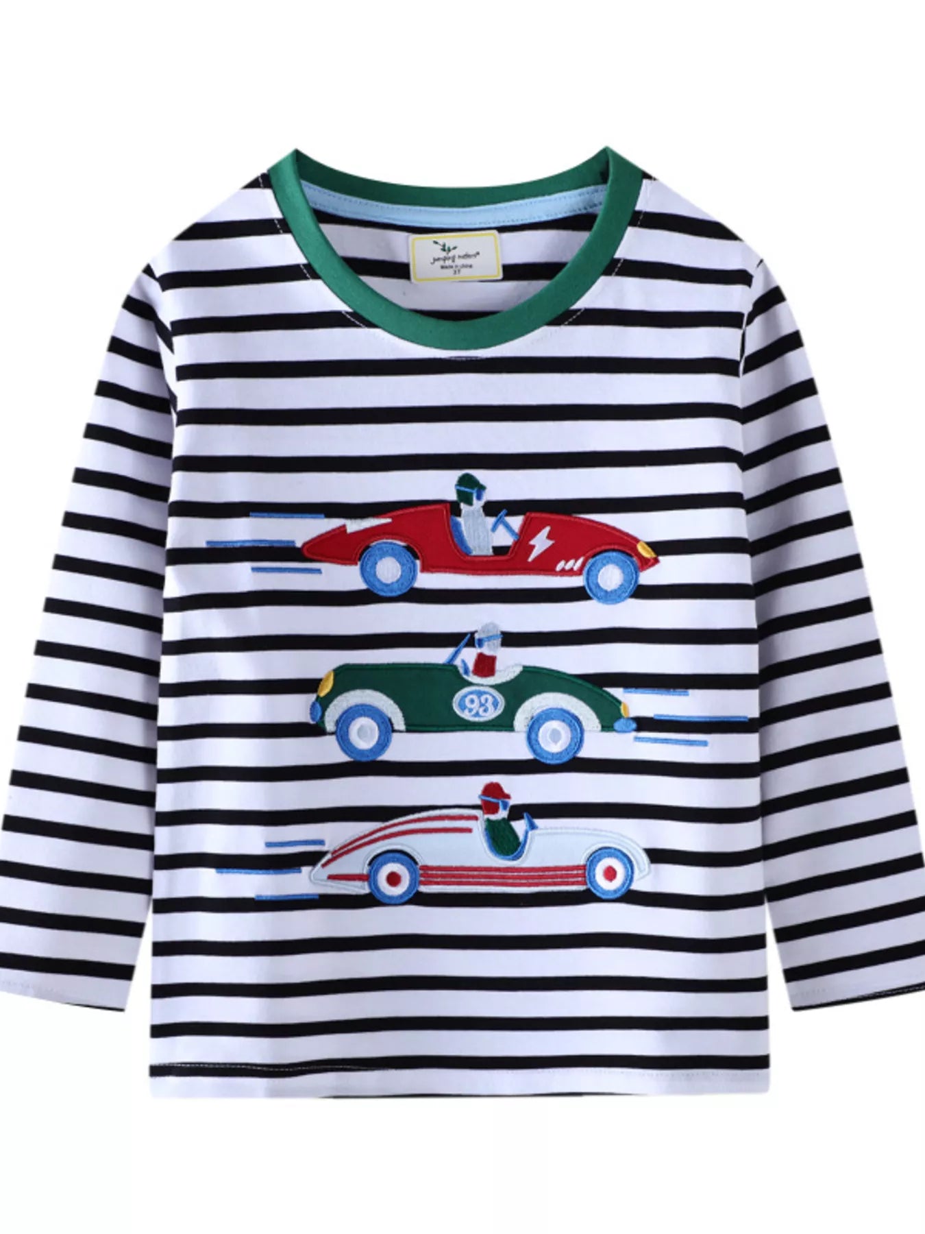Black and white striped long sleeve tee with embroidered racing cars and green trim.