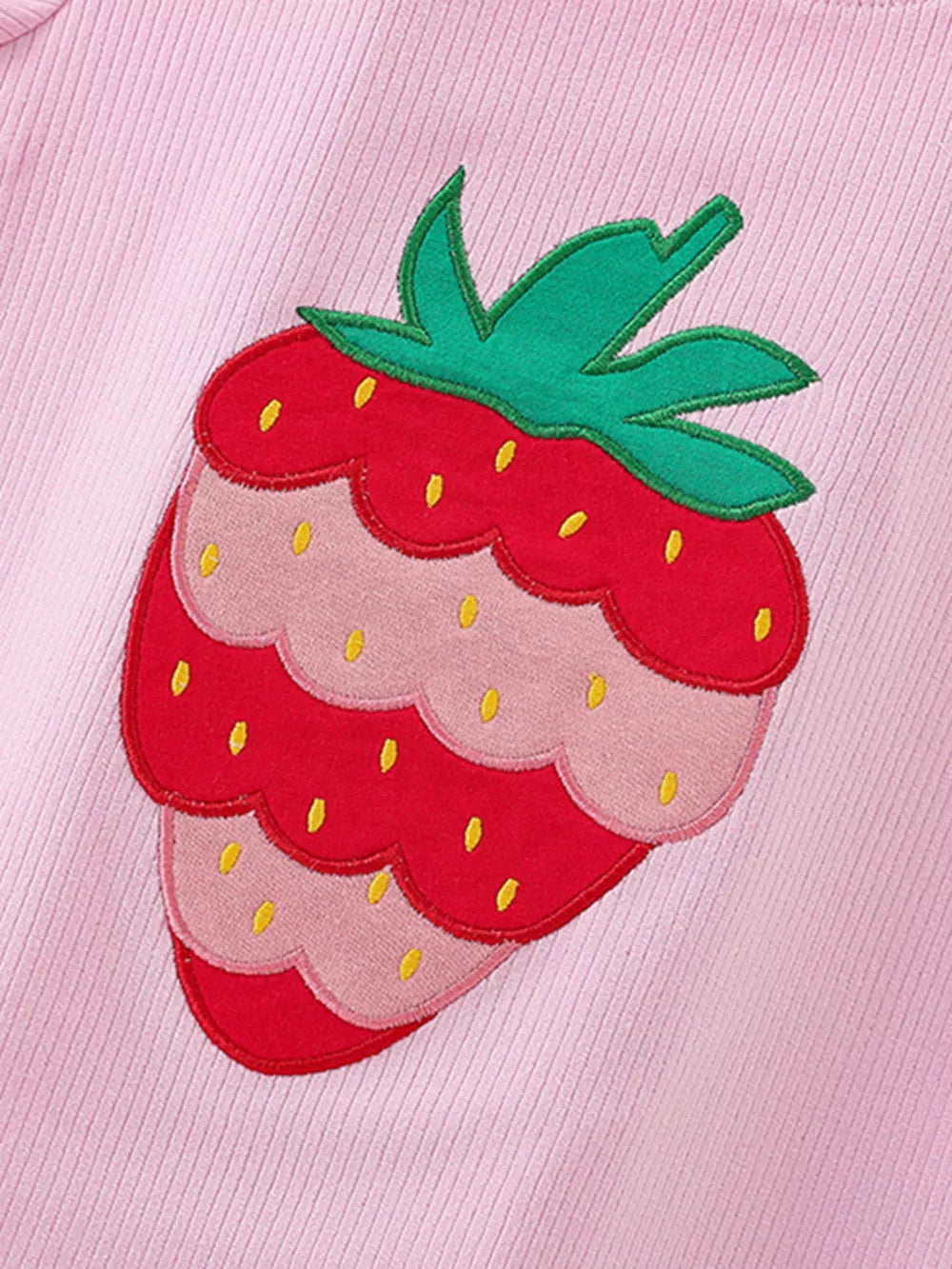 Baby pink cotton tee with a layered strawberry graphic applique.